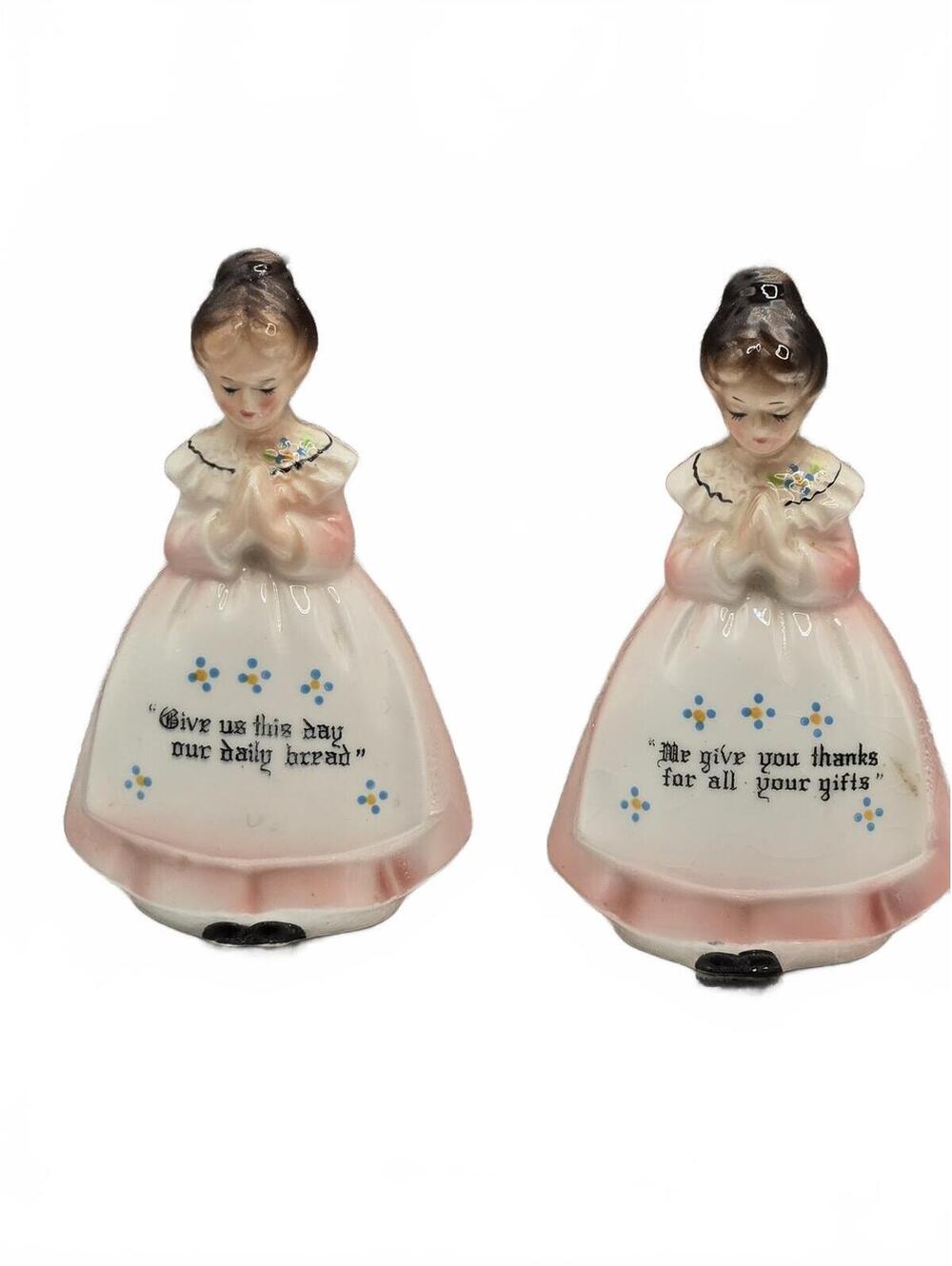 Vintage Set Enesco Prayer Lady Mother in the Kitchen Pink Salt Pepper Shakers